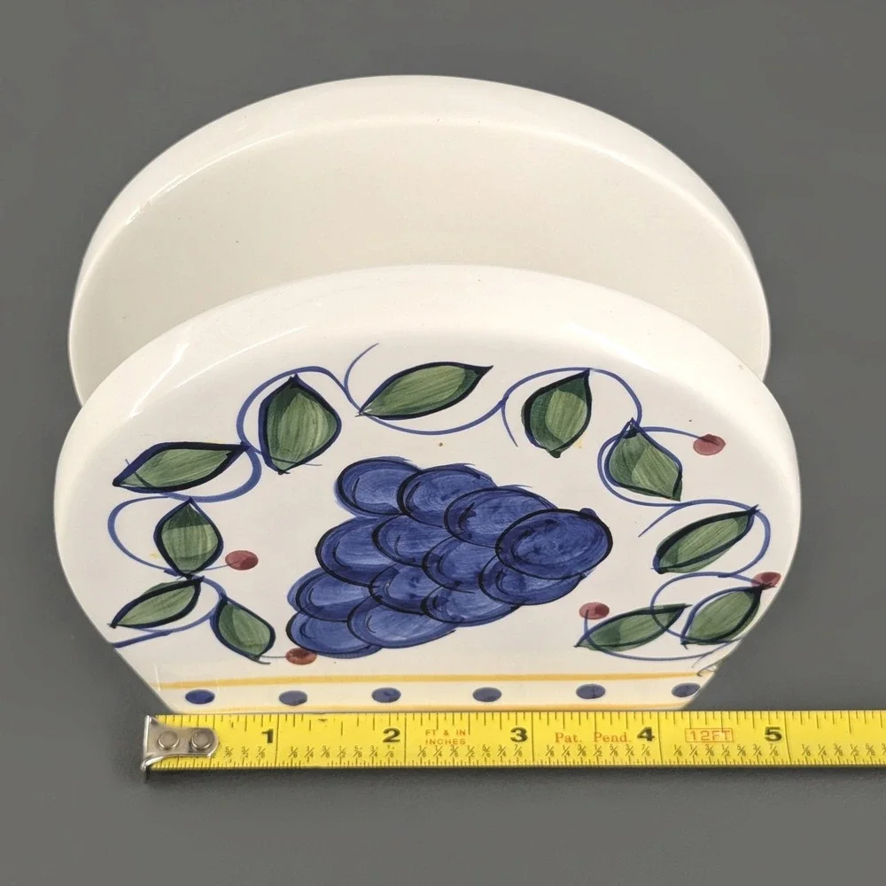 Vintage Hand Painted Ceramic Fruit Napkin Holder Grapes Pear Kitchen Decor